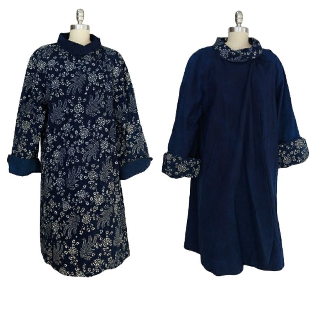 Womens Lagenlook Art to Wear Reversible Jacket Size L Blue Batik Cotton Floral
